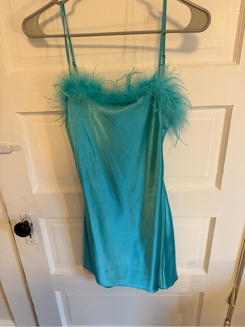 Feather-Trim Satin Slip Mini Dress in Teal